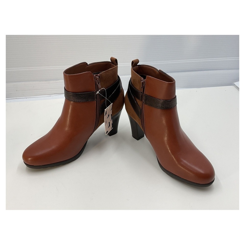 Women's Brown Ankle Boots Faux Leather‎ Suede Block Heel Size 9.5